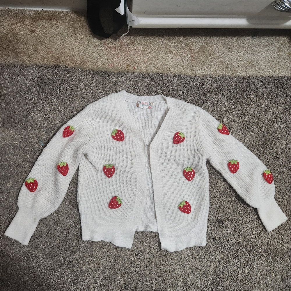 Girls White Strawberry Embroidered Cardigan Sweater
